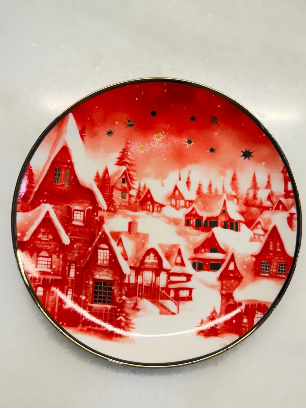 Red Holiday Village Decorative Plate with Gold Trim
